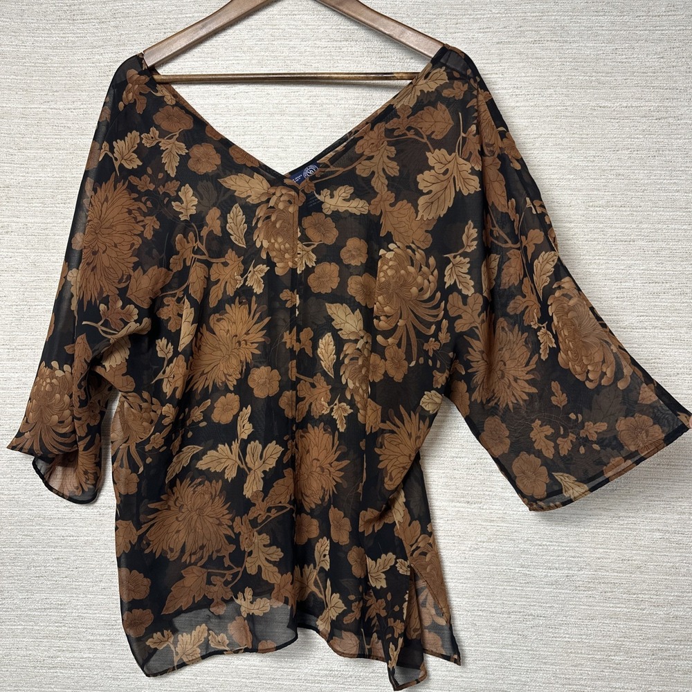 Boho Sheer Chiffon Tunic Blouse Kimono Top Plus 14 16 Dark Floral whimsigoth